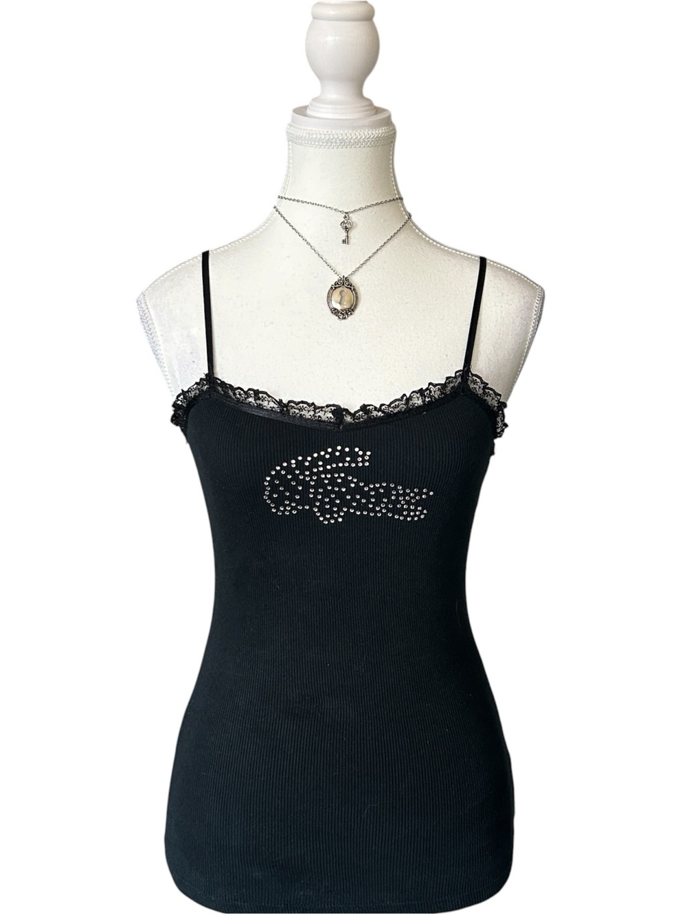 Y2K “Lacoste” Black Lace Trim Rhinestone Logo Ribbed Tank Top